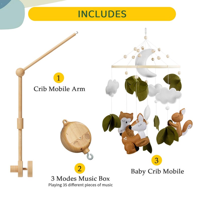 FEISIKE Woodland Animals Theme Bassinet Baby Nursery Mobiles with Modes Digital Music Box 3In1 Set-34 Inch Wooden Mobile Arm for Crib Mobile Hanger for Crib Baby Nursery Decor - Image 4